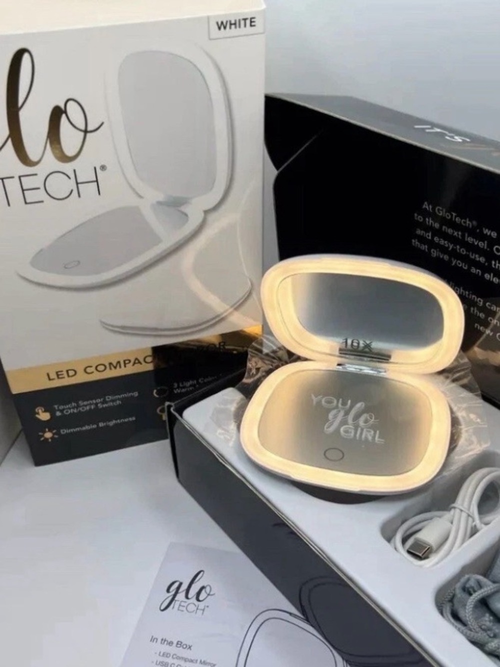 GloTech LED Compact Makeup Mirror 1x & 10x Magnification - Choose Black Or White